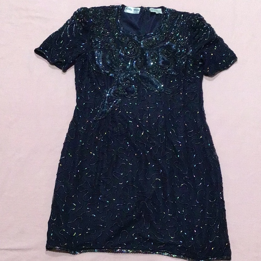 Vintage 80s Silky nites navy silk sequined  dress shoulder pads petite large